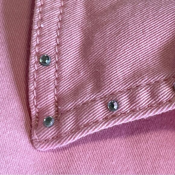 Quacker Factory Denim Button Down Jacket  Distressed Rhinestone Hearts Pink S - Picture 10 of 15